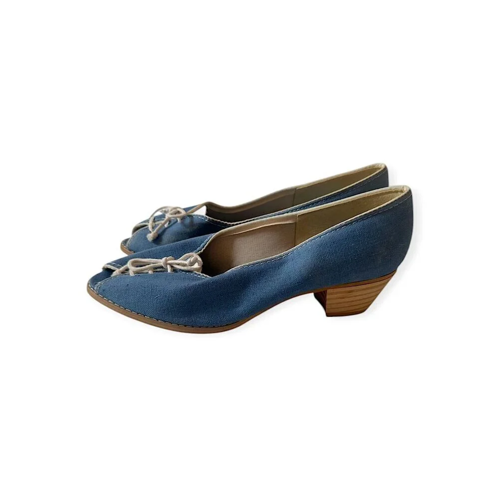 Vintage Blue Canvas Peep Toe Heels w/ Lace-Up Front | Stacked Heel | Size 7